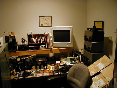 Ham Shack Desk Illuminated by 65W Incandescent Flood Lamp