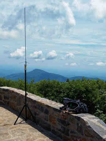 Diamond X50 antenna, Kenwood TM-D710A and 10 AH LiFePO battery atop Hawksbill Mountain during the 2016 Appalachian Trail Golden Packet.