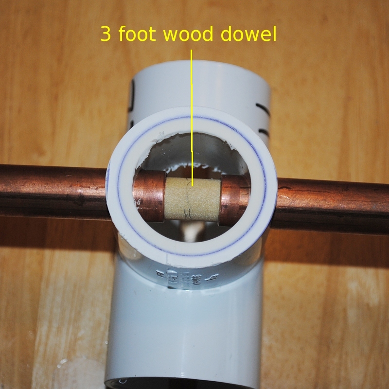 The yard long wood dowel supports each side of the feedpoint copper pipe.