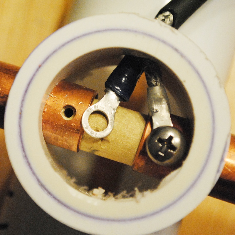 Drill two holes through copper into wood and use wood screws to attach coax.