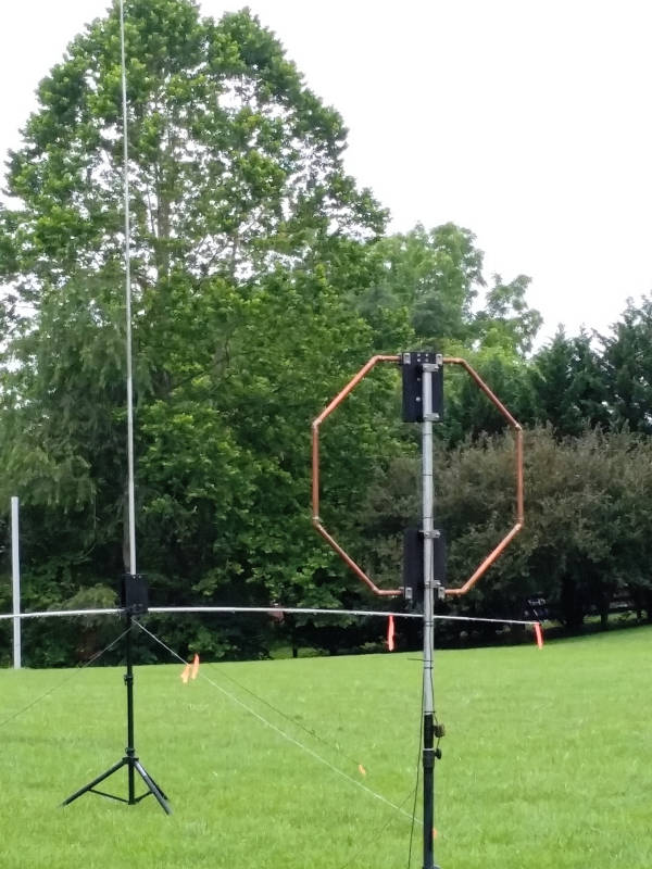 The 20m AHVD and 40m small loop antennas during KX4O 1B VA field day.