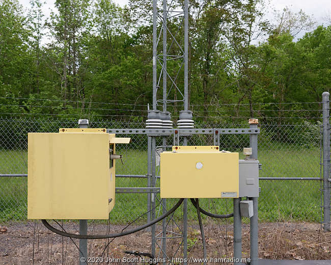 Transmitter and insulated tower supports for low frequency MSQ Culpeper beacon.