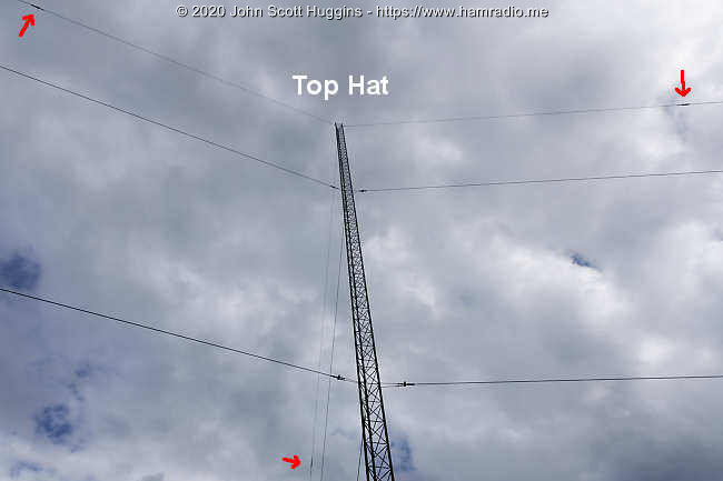 View of tower showing lower and mid insulated guy wires along with connected top guy wires for a top hat.