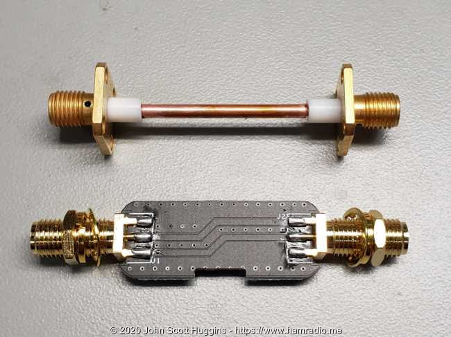 Airspy YouLoop crossover board (bottom) with test straight through center conductor (top).